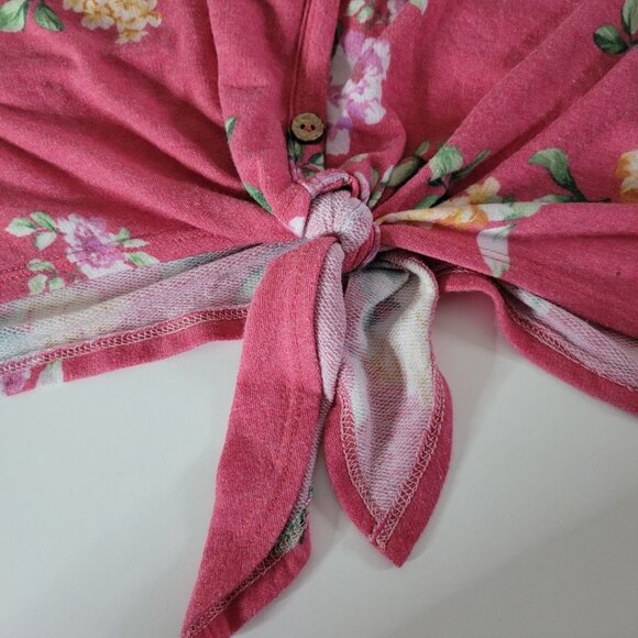 First Love Pink Floral Cold Shoulder Lovely  Button Tie Front Womens Large - Picture 7 of 10